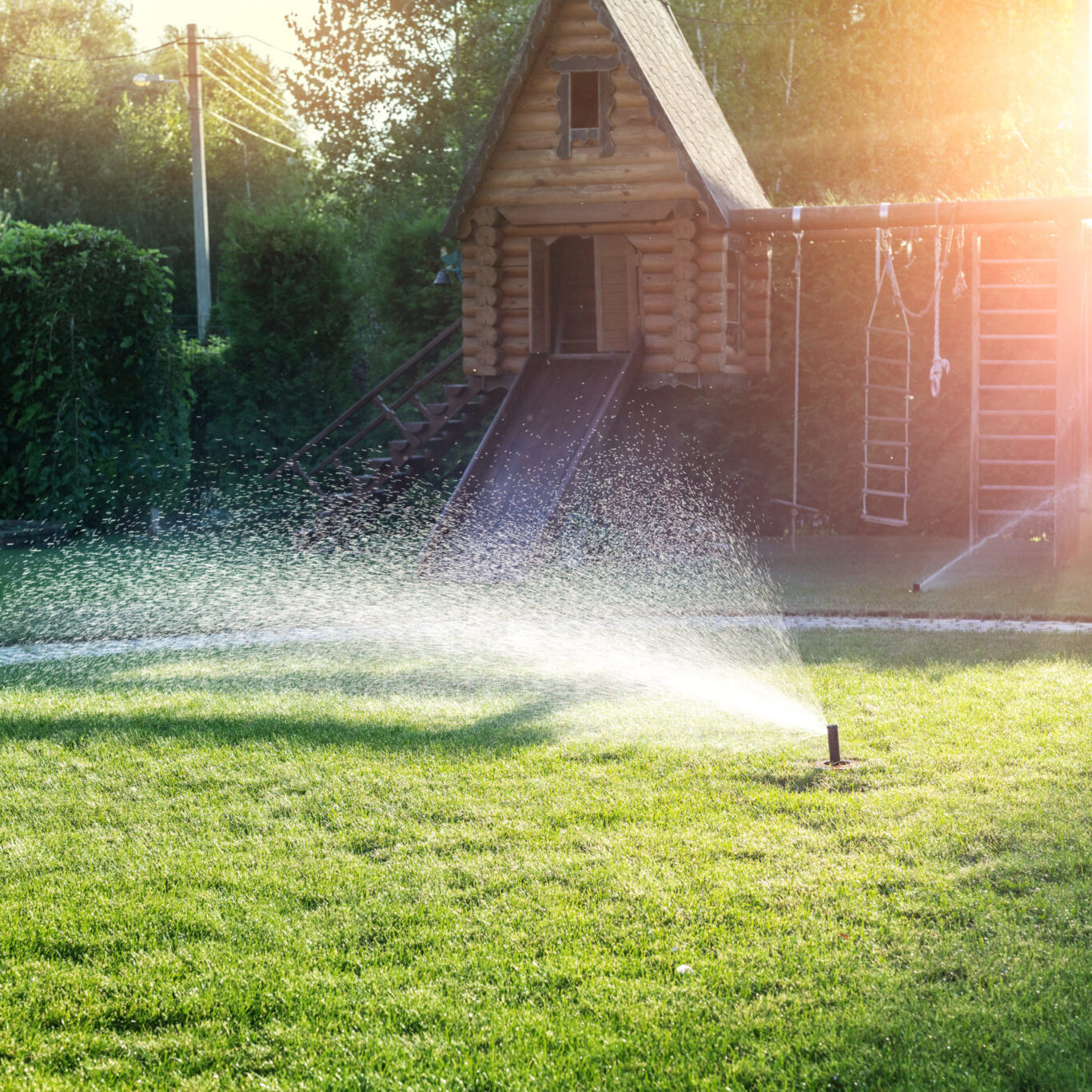 Landscape automatic garden watering system with different sprinklers installed under turf. Landscape design with lawn hills and fruit garden irrigated with smart autonomous sprayers at sunset time