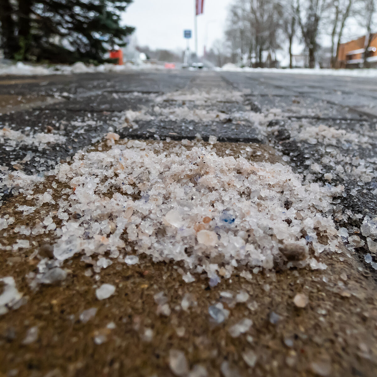 Salt grains on icy sidewalk surface in the winter. Applying salt to keep roads clear and people safe in winter weather from ice or snow, closeup view. Macro shot of salt grains on pathway